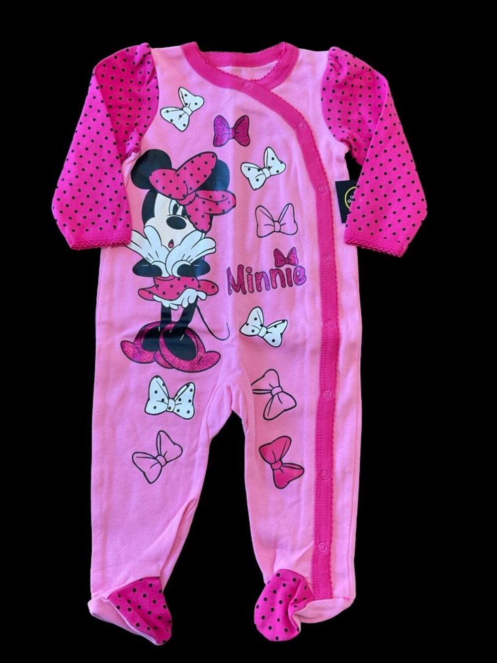👣 5/$25 - Pink/Black Polka Dot Sleeper Outfit w/ Minnie Mouse Sparkle Graphic